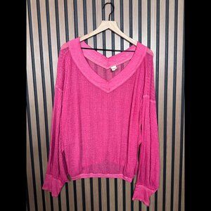 Free People Shirt Medium Womens Pink Thermal Waffle Knit Sheer Pullover